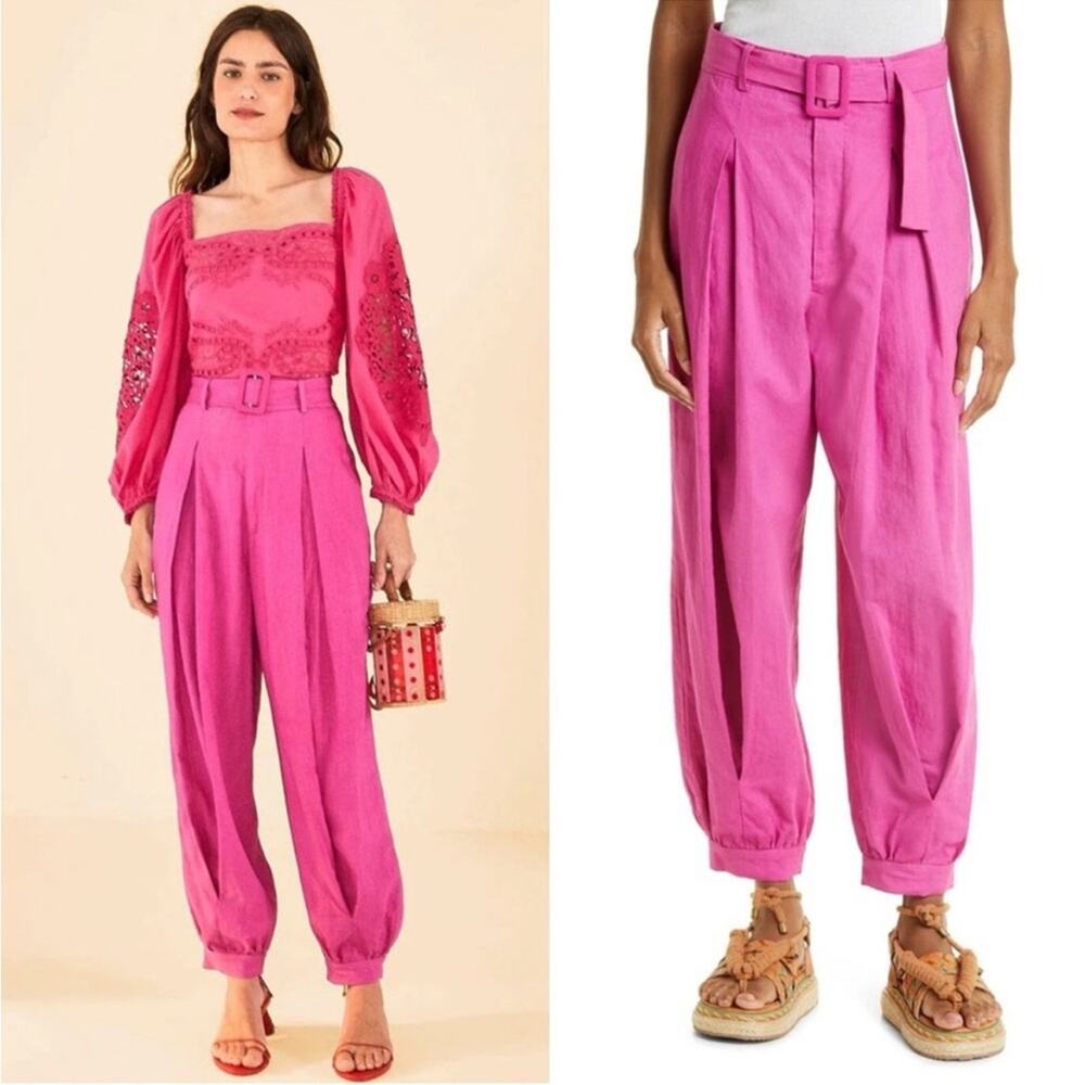 Farm Rio Pink High Waist Linen Pleated Cuffed Hem Waist Belt Taper Pants S